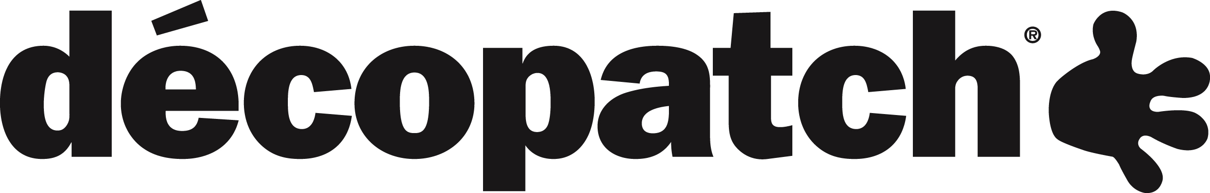The word décopatch in bold, black lowercase letters, with an abstract black paint splatter shape to the right of the text.